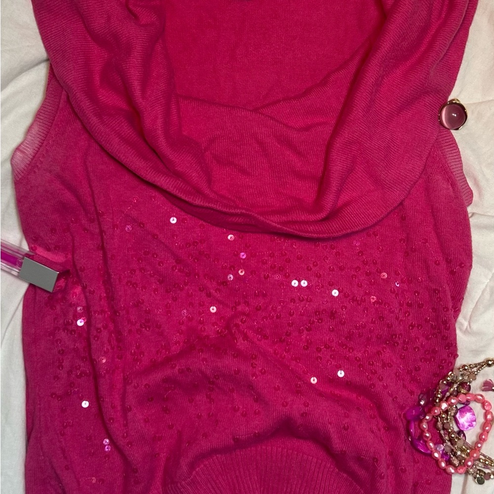 Pink Sequin Cowl Neck Top